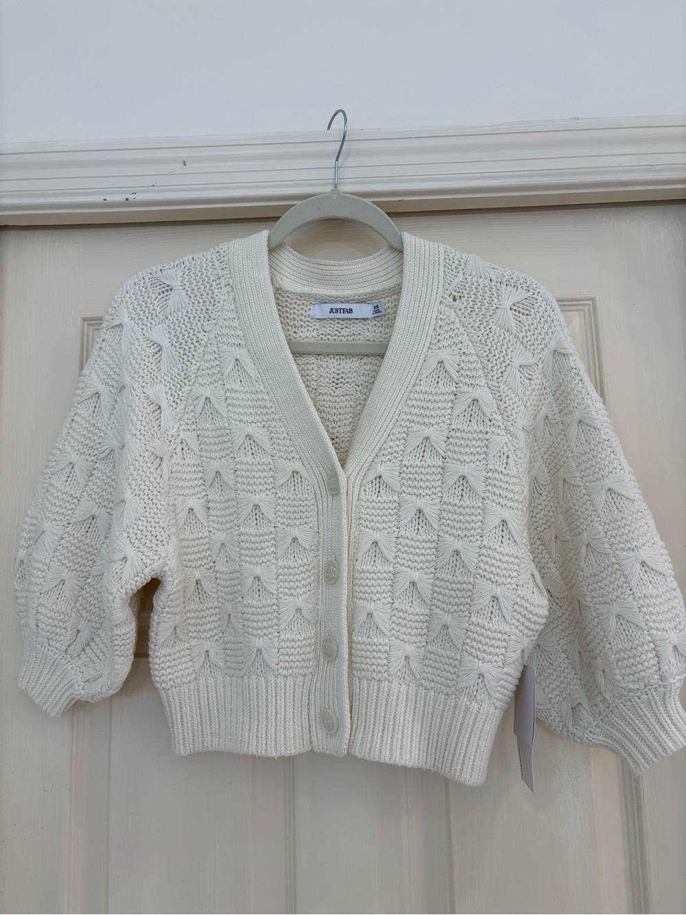 JustFab Cream Openwork V‑Neck Button Cardigan